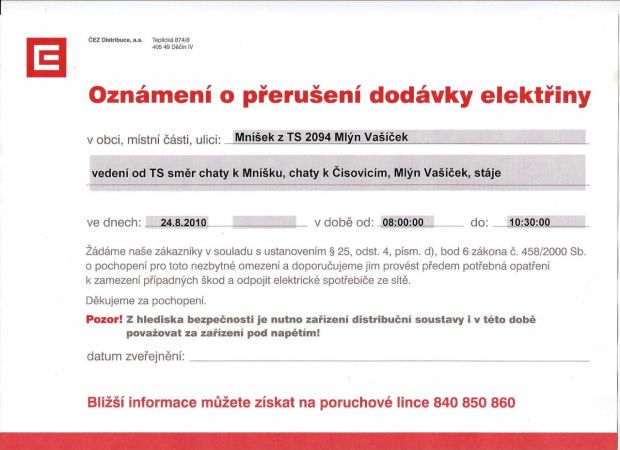 ČEZ upozorňnuje na přerušení elektrické energie dne 24.8. z TS 2094 Mlýn Vašíček od 8:00 do 10:30 hod